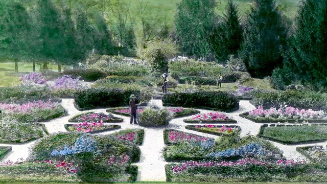 A historic picture of a part of the flower gardens called a parterre. A gardener in the middle. NPS