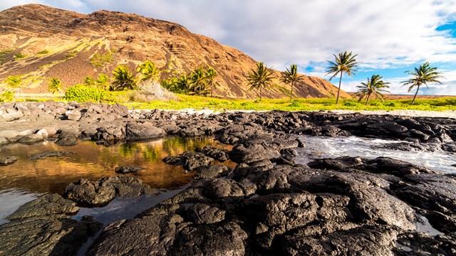 A beach with rocky cliffs