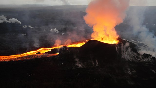 Aerial view of a river of molten lava