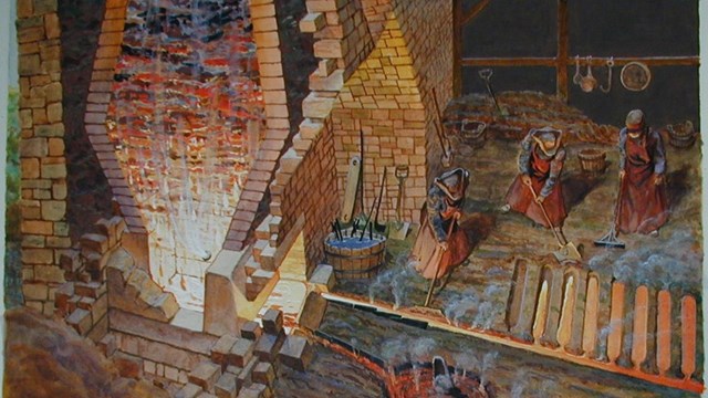 illustration of workers filling a large brick fire. 