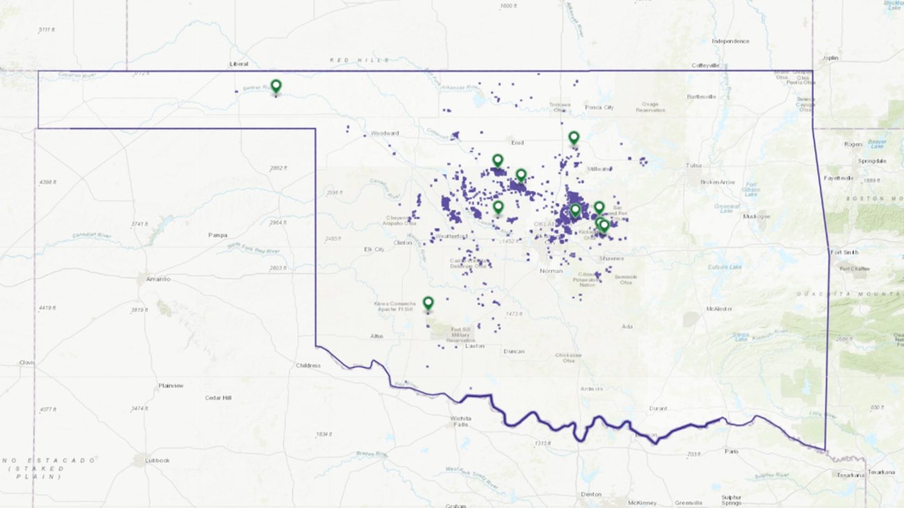 Map shows purple outlined state of Oklahoma with purple dots and green and white pinpoints.