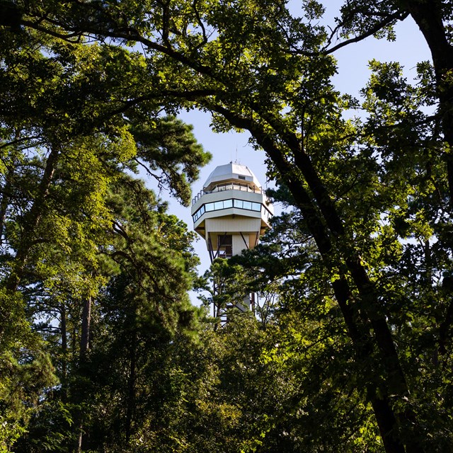 The Mountain Tower at sunset with run rays shining through and around the structure.