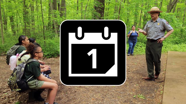 Map icon on background photo of interpretive park ranger teaching kids by Paul Kemiel.