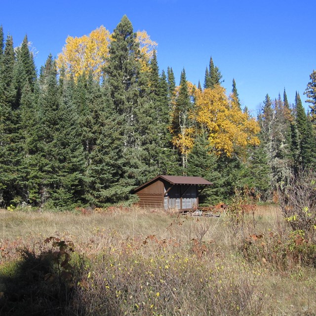 Belle Island shelter with an overgrown field in the foreground