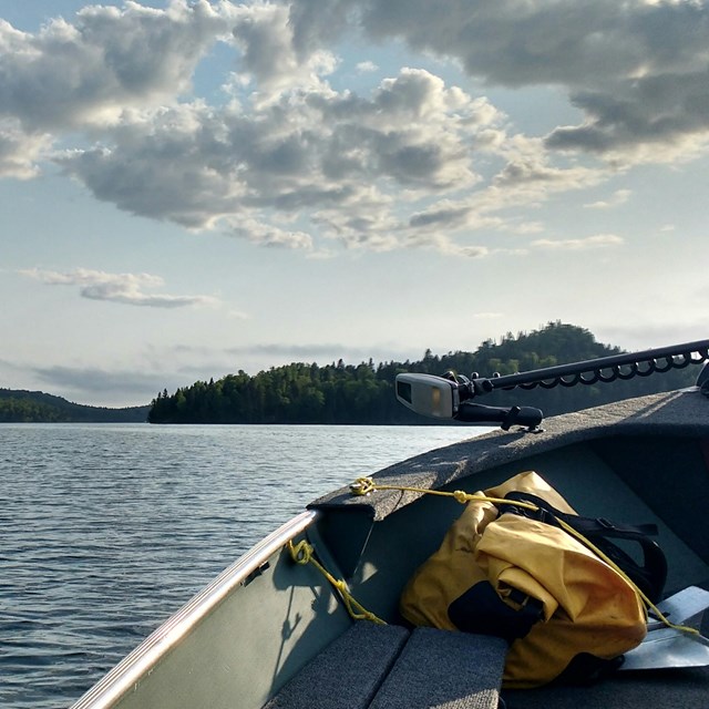 View of trees and water from inside a motorboat with part of the boat visible in the corner.