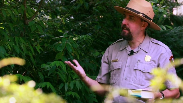 Ranger stands in a wooden scene. a camera on a tripod is to the left. 