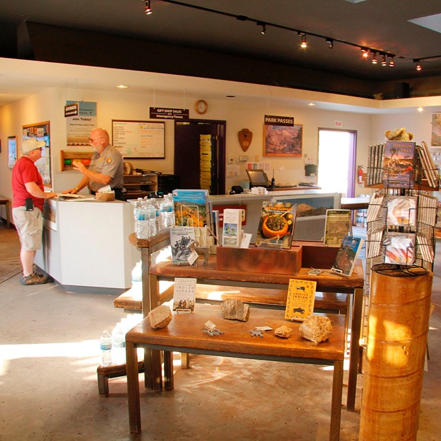 bookstore area in a visitor center, with shelves and books