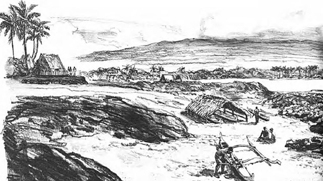 Historic sketch of Native Hawaiians on shore
