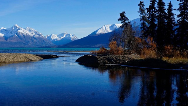 Trees reflected in an outlet of a lake surrounded by mountains