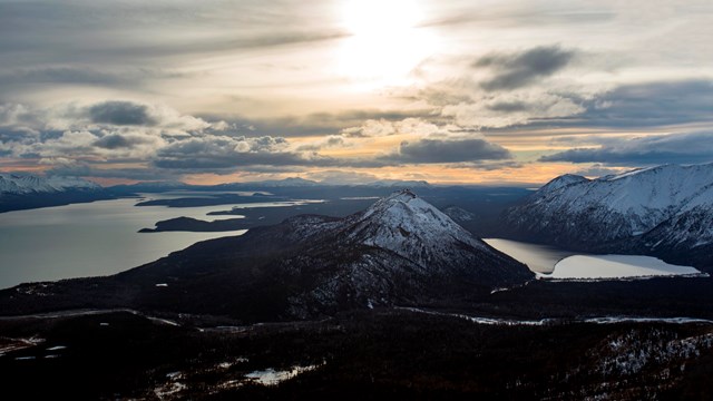 an aerial view of Kijik River and Lake Clark