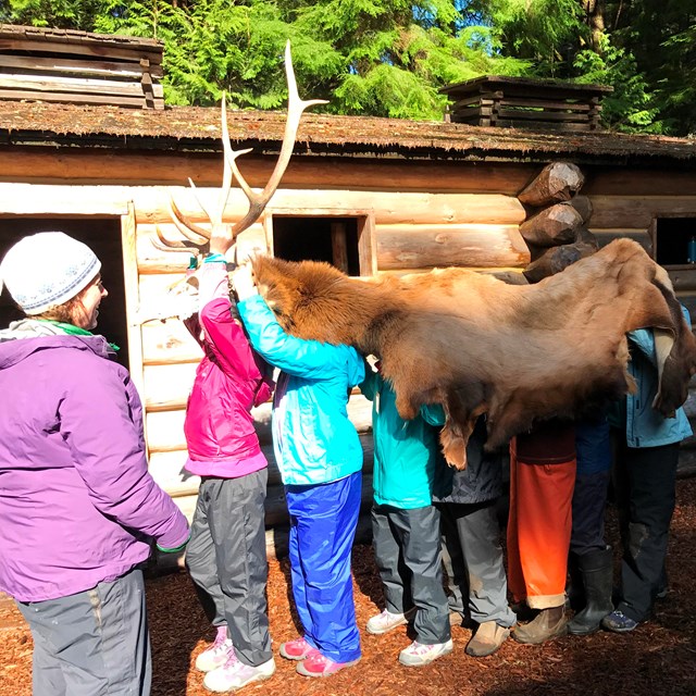 Six students holding up an elk skull and hide with an adult standing nearby