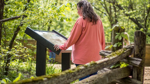 Woman standing in a tree lined clearing next to a split-rail fence, looking at a wayside exhibit.