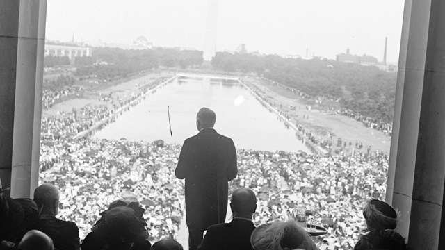 President Harding speaking at the dedication of the Lincoln Memorial.