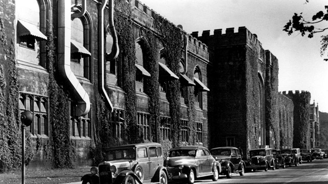 Black and white photo of a gothic style university building.