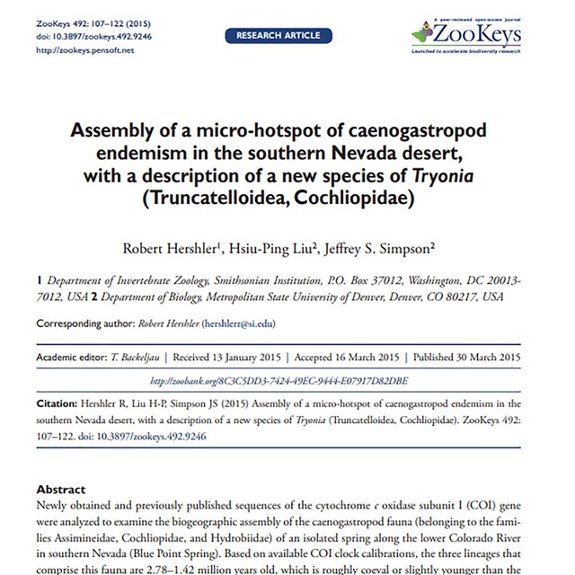 cover of research article about a newly discovered springsnail species in the Mojave Desert