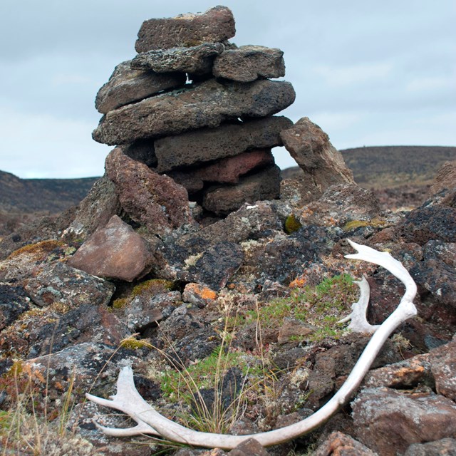 A pile of rocks with an antler in front of it.