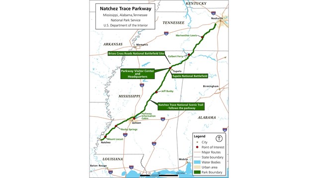 A simple map of the Natchez Trace Parkway