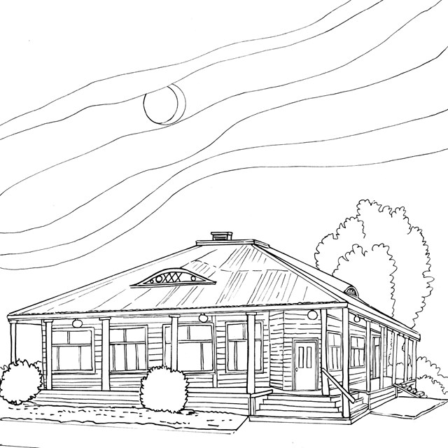 A line drawing of a one-story library building with two distinctive eyebrow shaped windows.