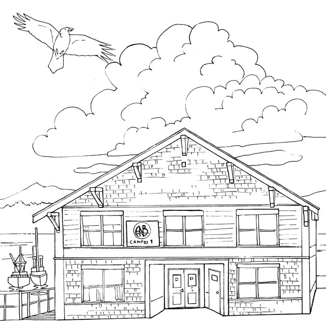  A line drawing of a two story, wood frame building that extends out over the water on pilings.