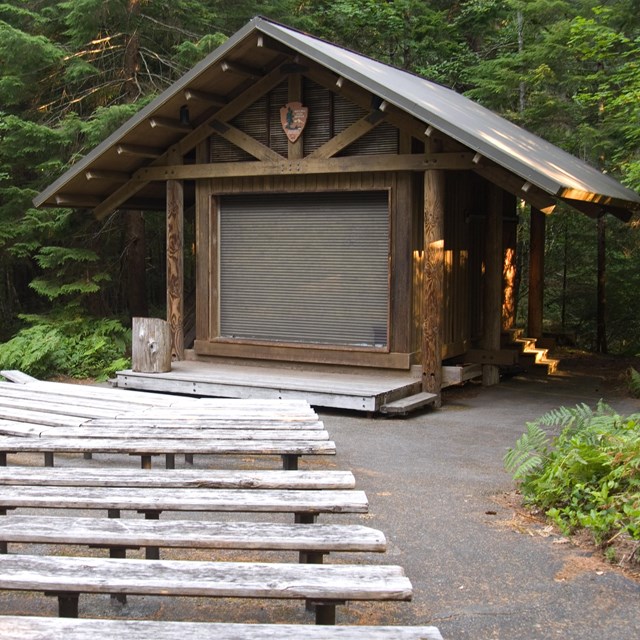 A wooden amphitheater with benches 