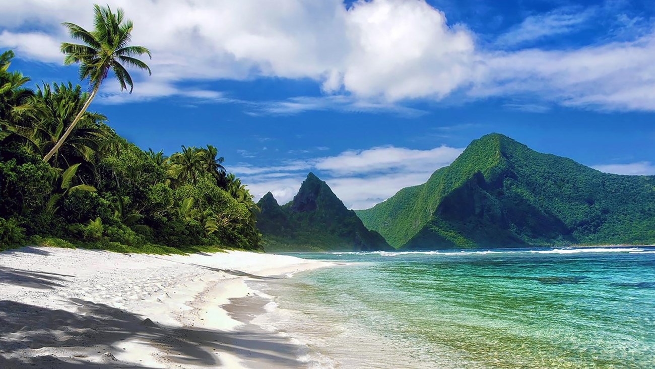 A panoramic beach view of a quintessential tropical paradise