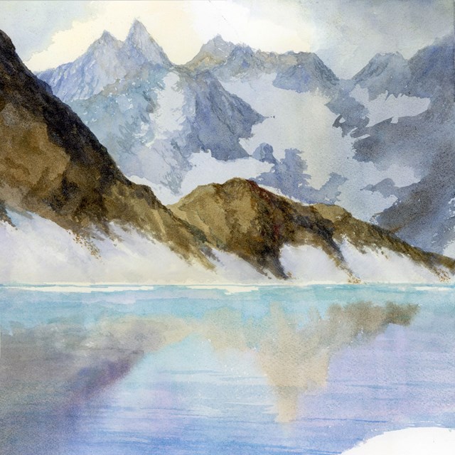 A watercolor painting of a large mountain lake, reflecting snowy peaks.