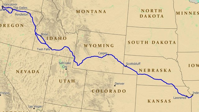 A map of the USA with a trail depicted from the midwest to Oregon.