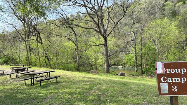 A grassy campsite with a river in the background.