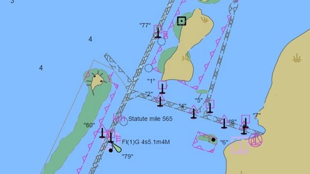 A nautical chart showing shipping channels and depth soundings. 