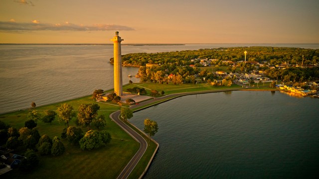 a sunrise photo looking southward across the isthmus of South Bass Island in Lake Erie