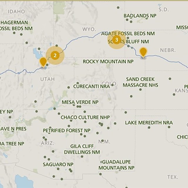 A map depicting a trail from Missouri to Sacramento.