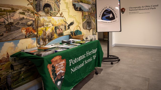 A table with a green tablecloth filled with various organized brochures and documents.