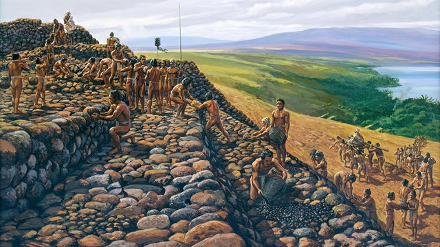 Painting by Herb Kawainui Kane depicting men building the heiau