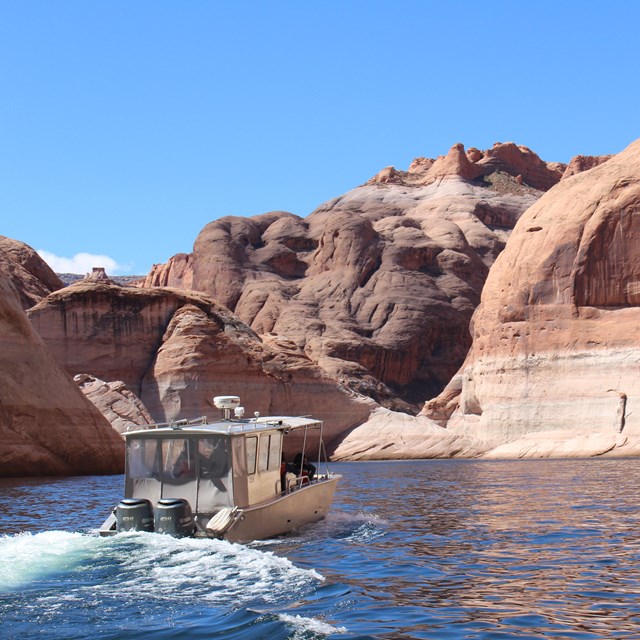 Boat motors through canyon