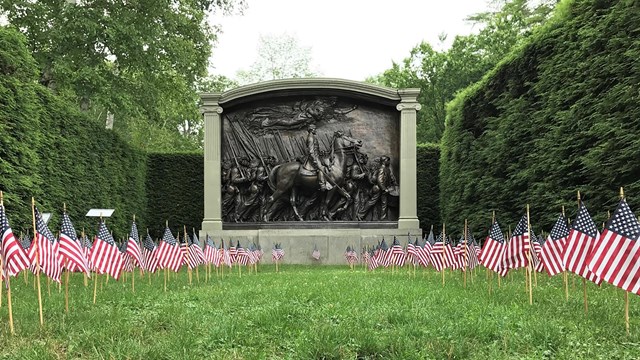 54th Shaw Memorial in Cornish NH with American flads