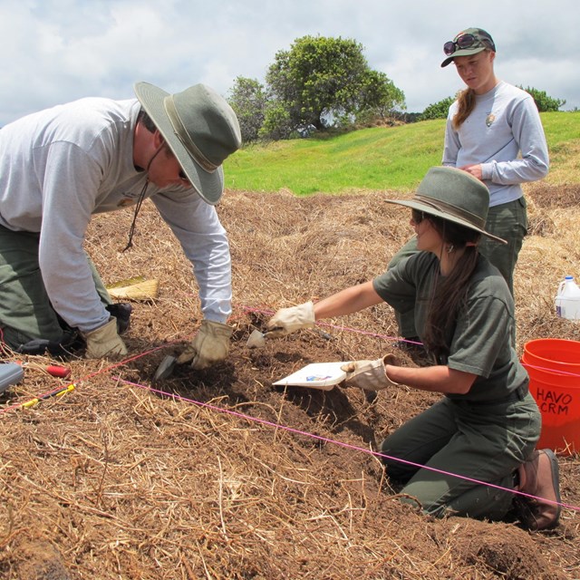 Three people on an archaeology dig.