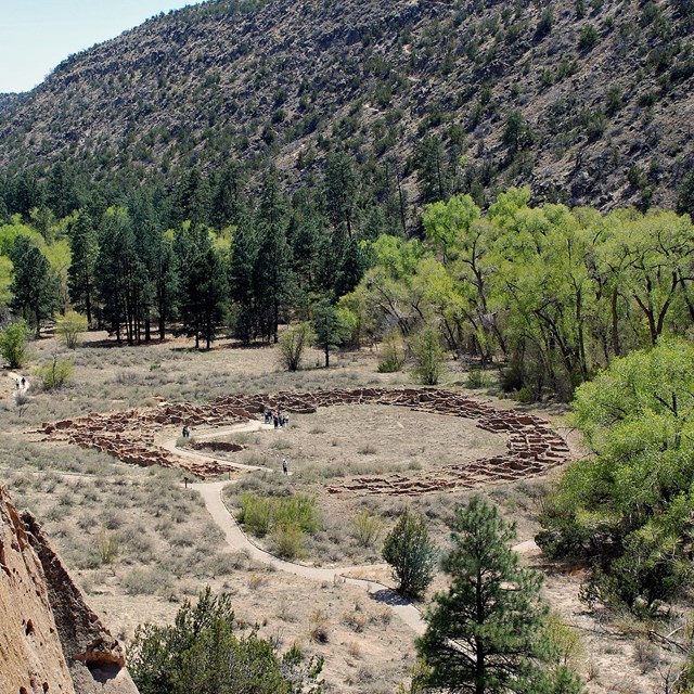 Rmains of an ancient circular pueblo in a grassy area surrounded by trees with mountains behind.