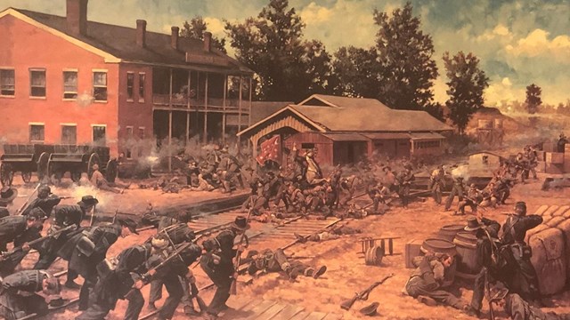 Painting of Union and Confederate soldiers fighting at the crossroads