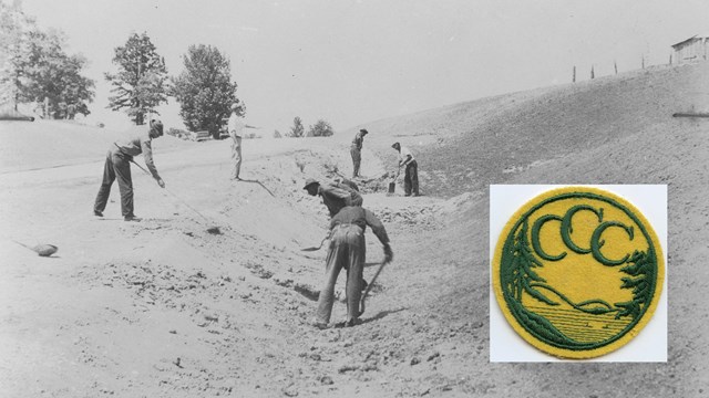 Black and white image of men working and a CCC patch in the corner