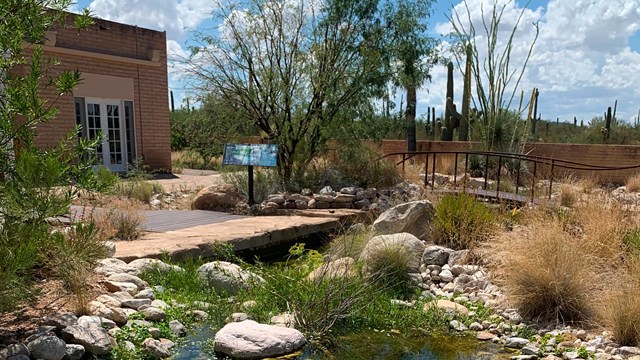 Desert Research Learning Center building and artificial stream