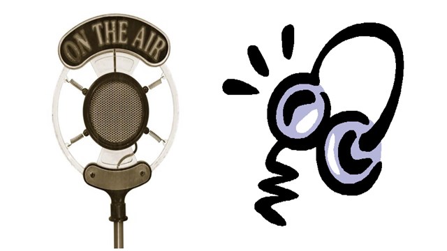 Microphone with words "On the air" and cartoon drawing of headphones against a white background.