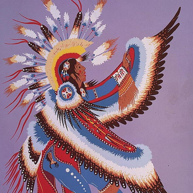 Colorful drawing of American Indian dancer. 