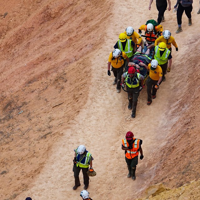 A group of people help carry a visitor out of the amphitheater on a stretcher.