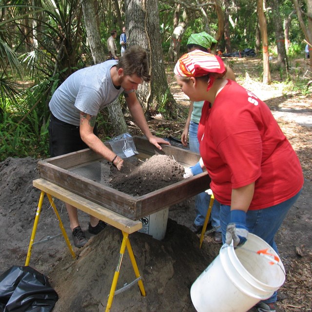 two people one in gray and the other in red at a screen looking for artifacts