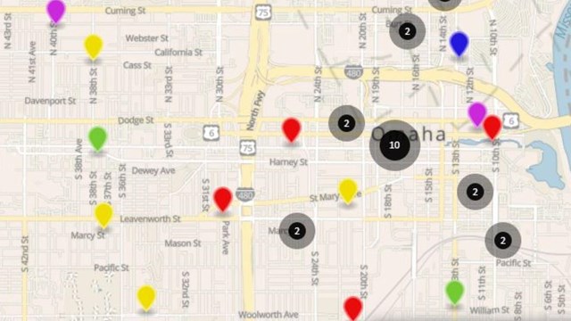 Map of property locations within the Travel Omaha itinerary. Color-coded by theme.