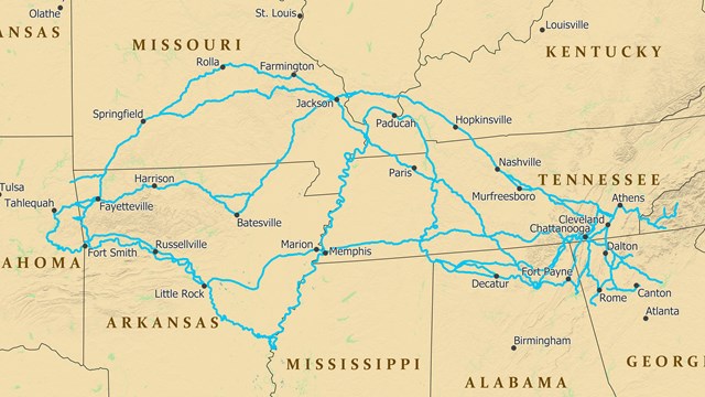 A map depicting trail routes from the southeast USA to eastern Oklahoma.