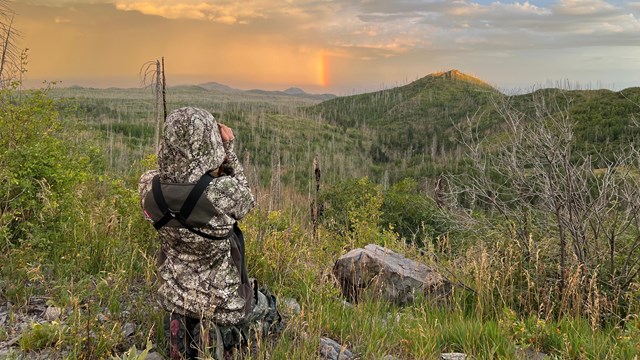 A hunter wearing camouflage, using binoculars to scope out the landscape.