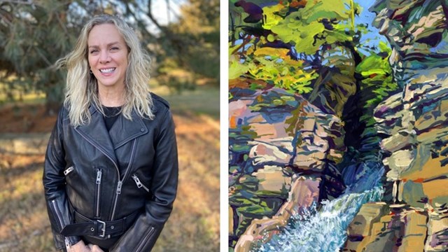 An artist in her studio pictured left, and an image of one of her works on the right.