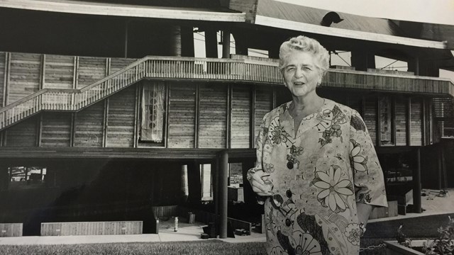 Catherine Filene Shouse poses in front of the Filene Center I