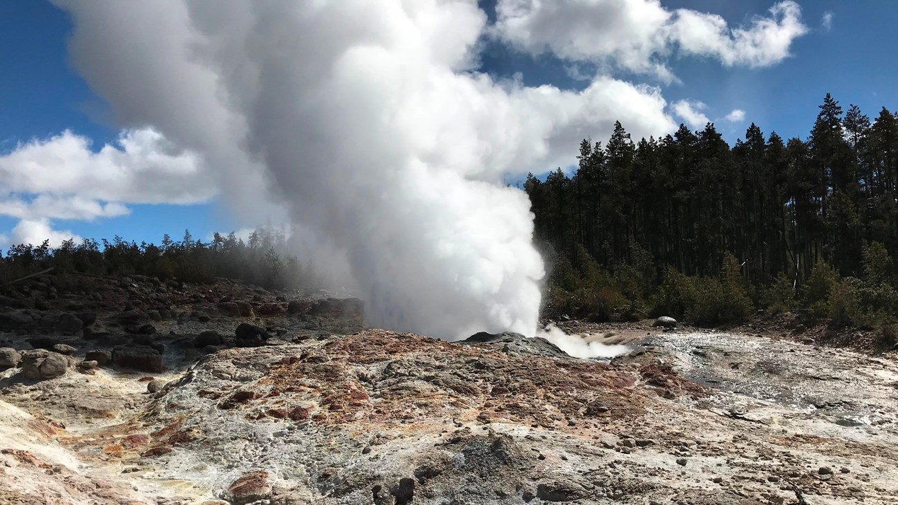 Steam rises from a tan-gray, rocky hillside.